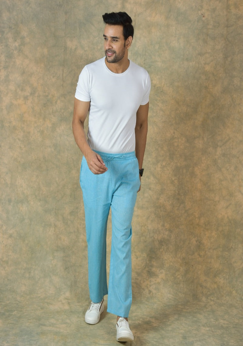 Sky Blue Solid Cotton Handloom Men Pant
