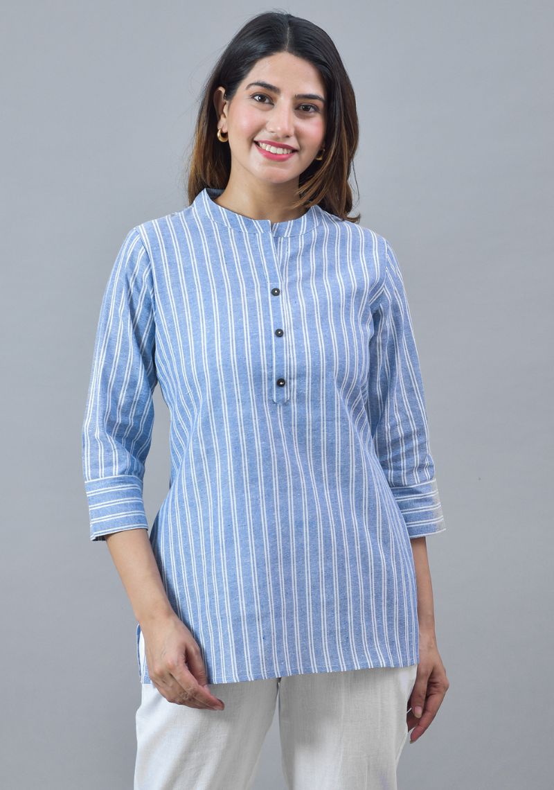 Sky Blue White Cotton Stripe Women Top-10279
