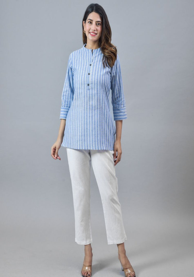 Sky Blue White Cotton Stripe Women Top-10279