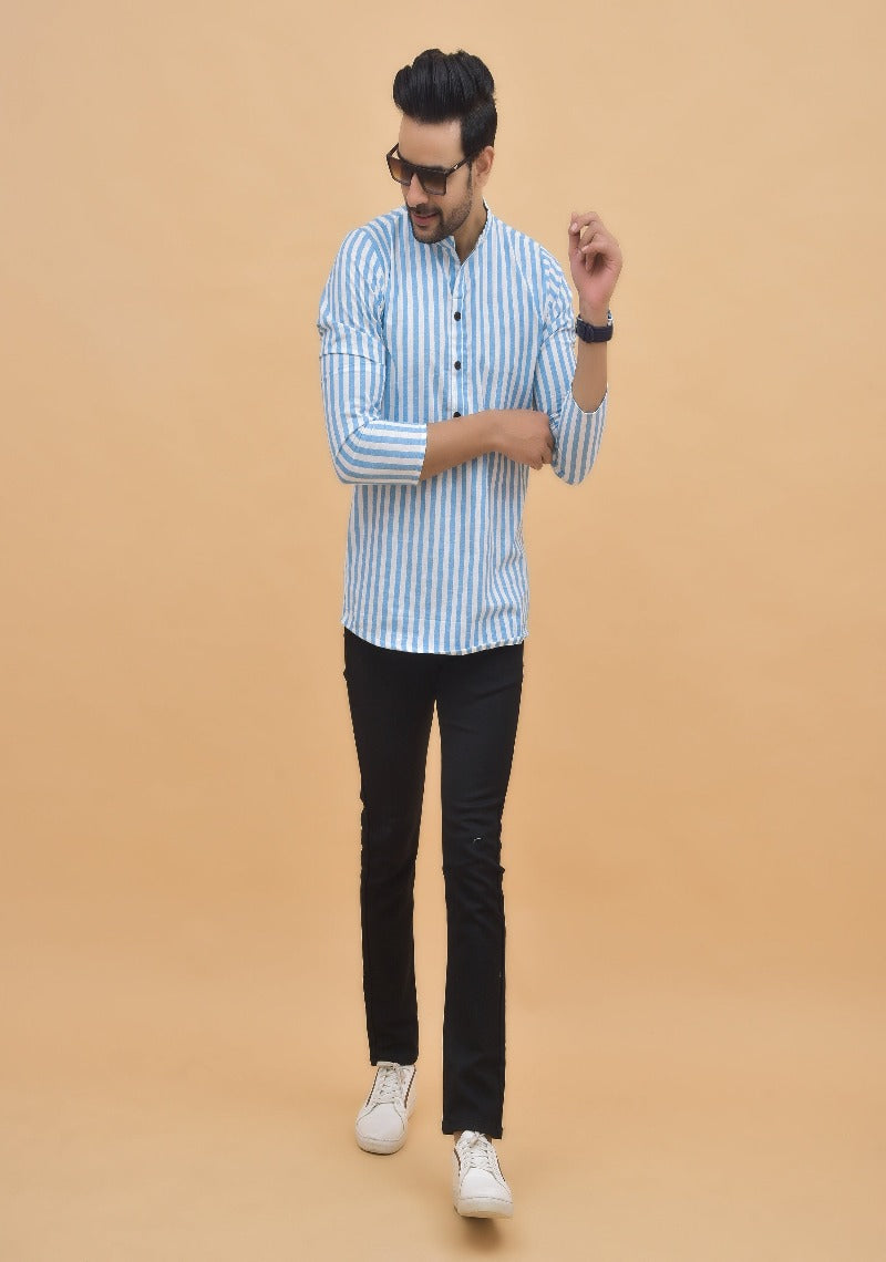 Sky Blue White Stripe Cotton Handloom Cord Set-25001