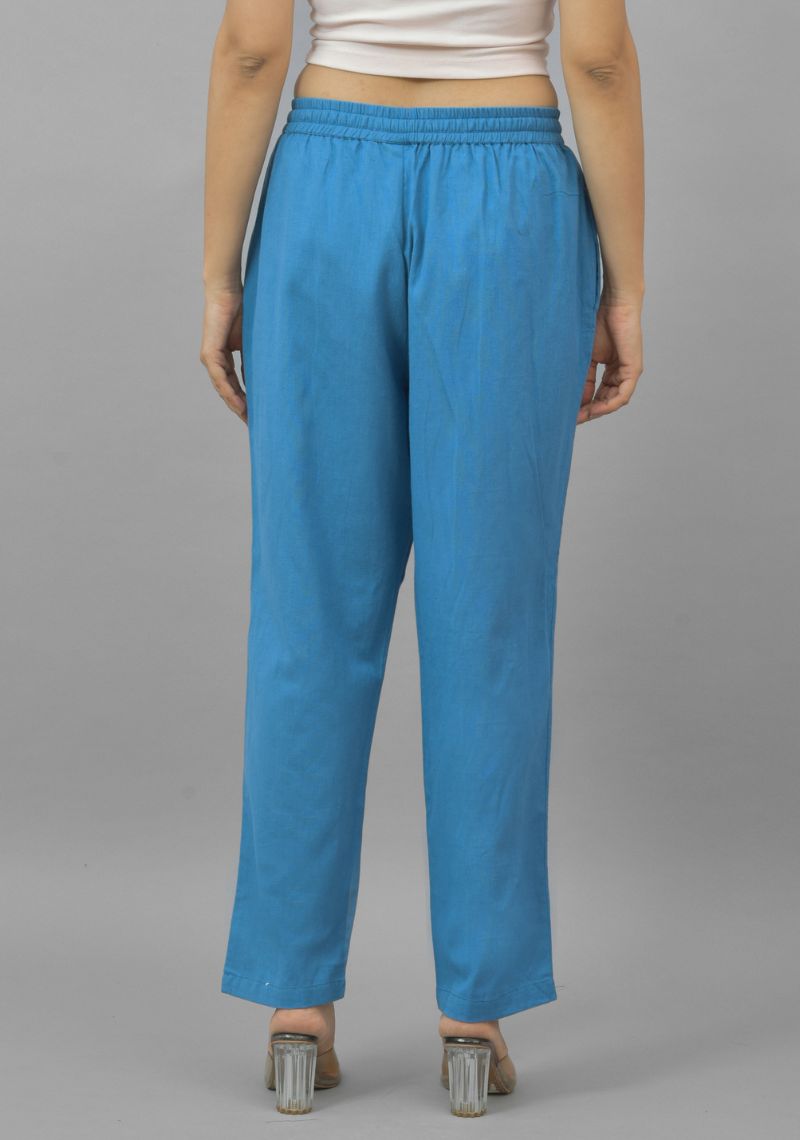 Teal Blue Solid Cotton Flax Trouser Pants