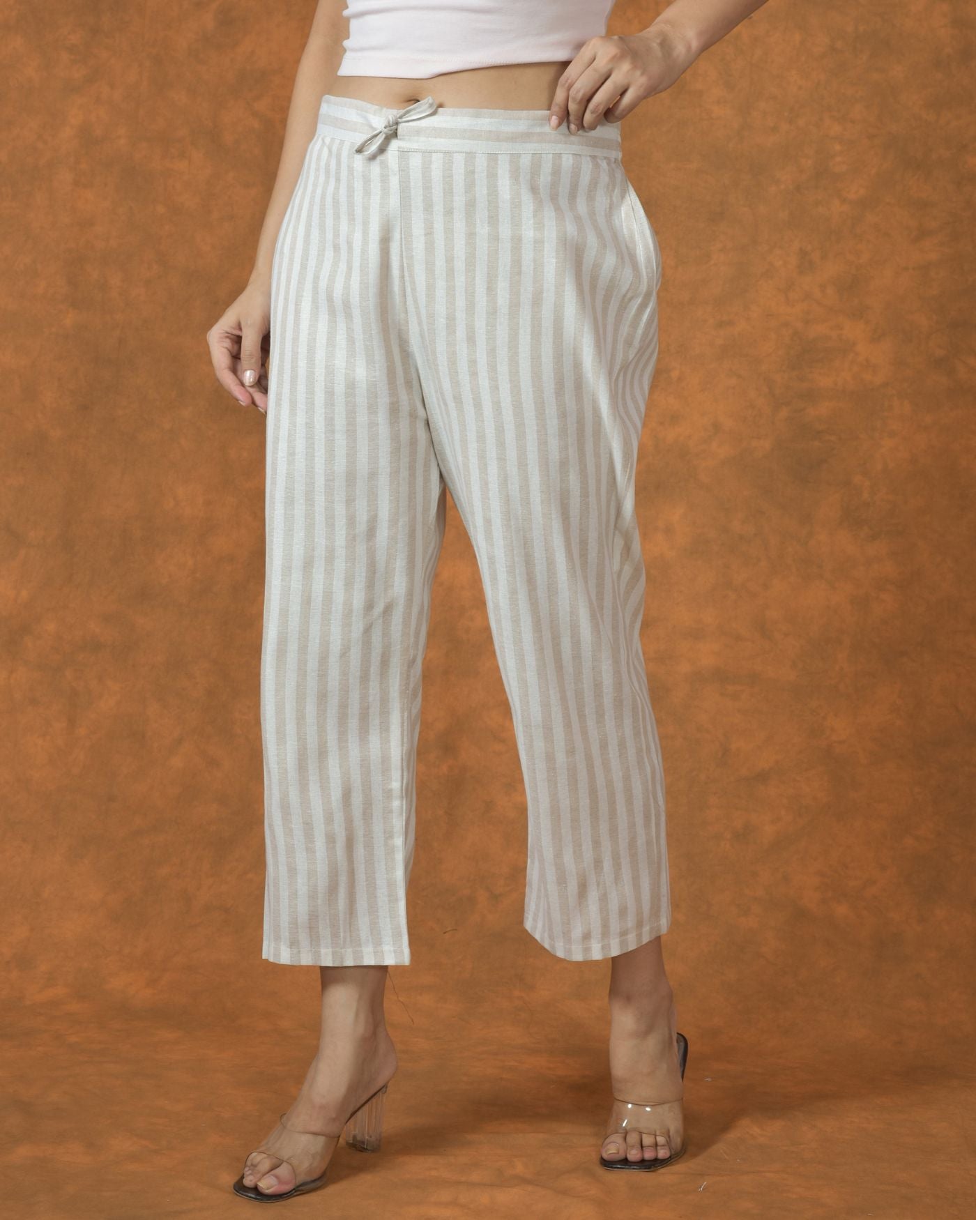 White Beige Cotton Stripe Regular Pant