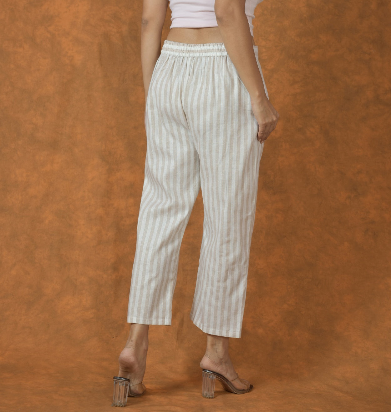 White Beige Cotton Stripe Regular Pant
