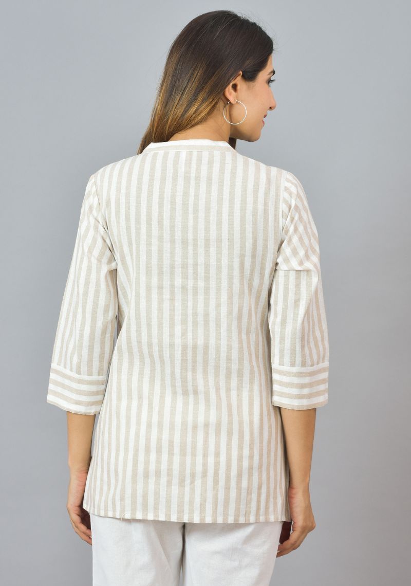 White Beige Cotton Stripe Women Top-10383