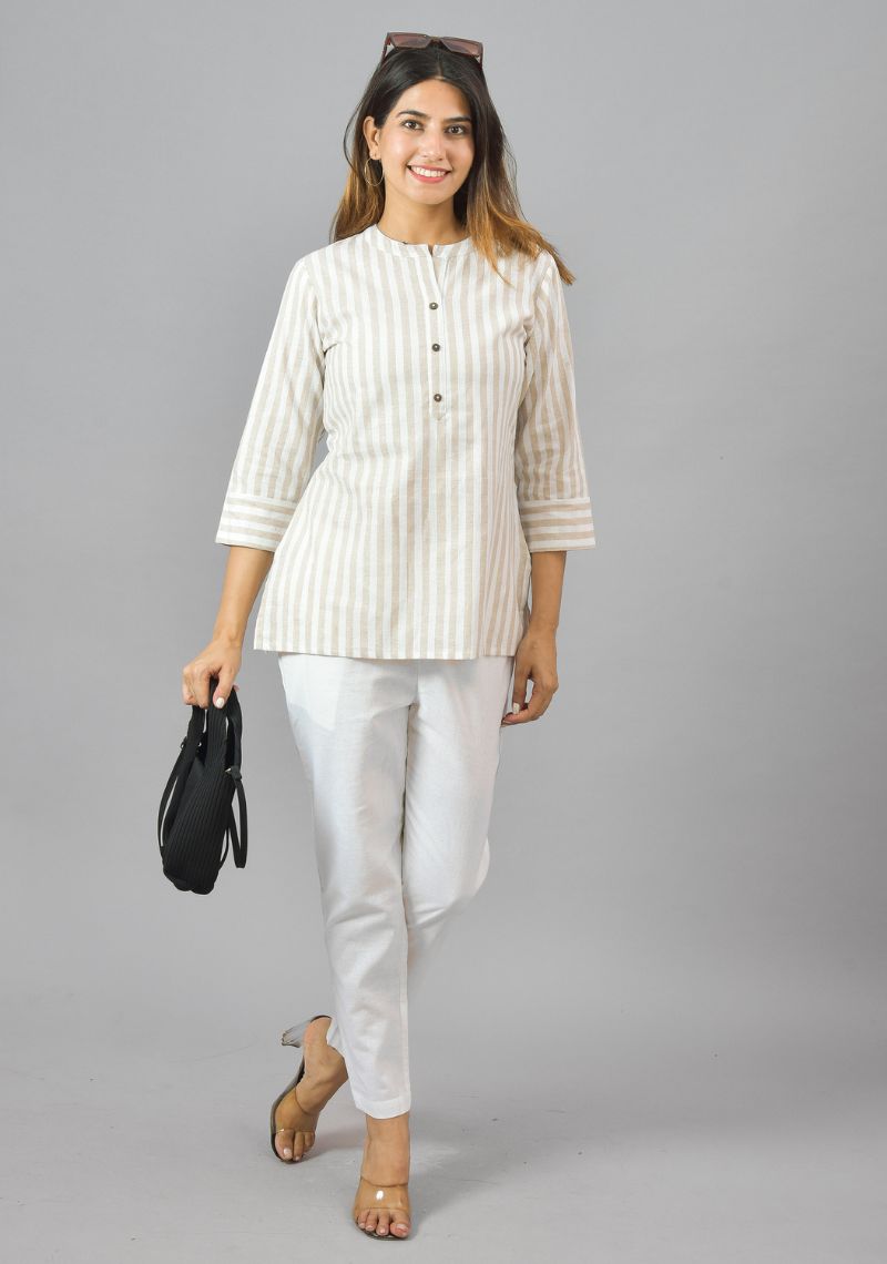 White Beige Cotton Stripe Women Top-10383