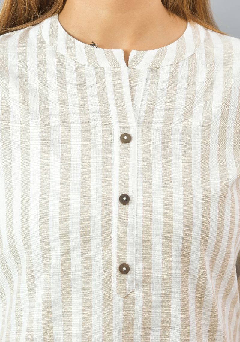 White Beige Cotton Stripe Women Top-10383