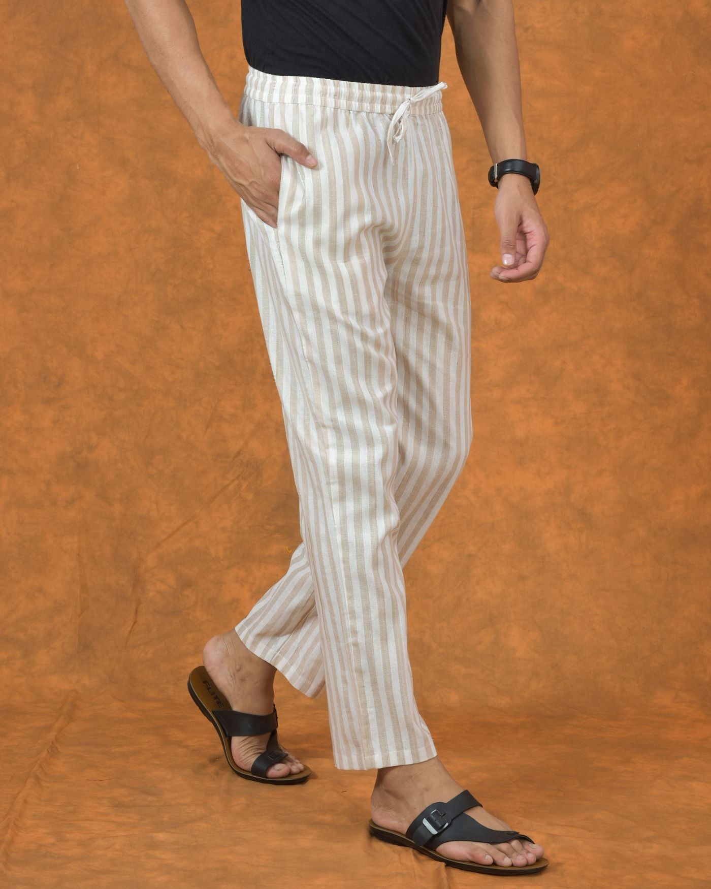 White Beige Stripe Cotton Handloom Men Pant