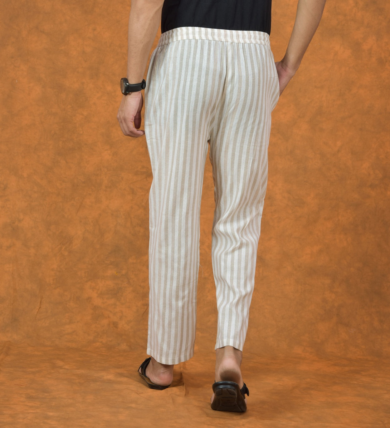 White Beige Stripe Cotton Handloom Men Pant