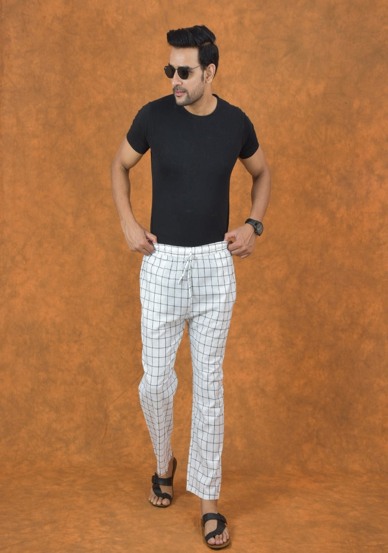 White Black Checks Cotton Handloom Men Pant