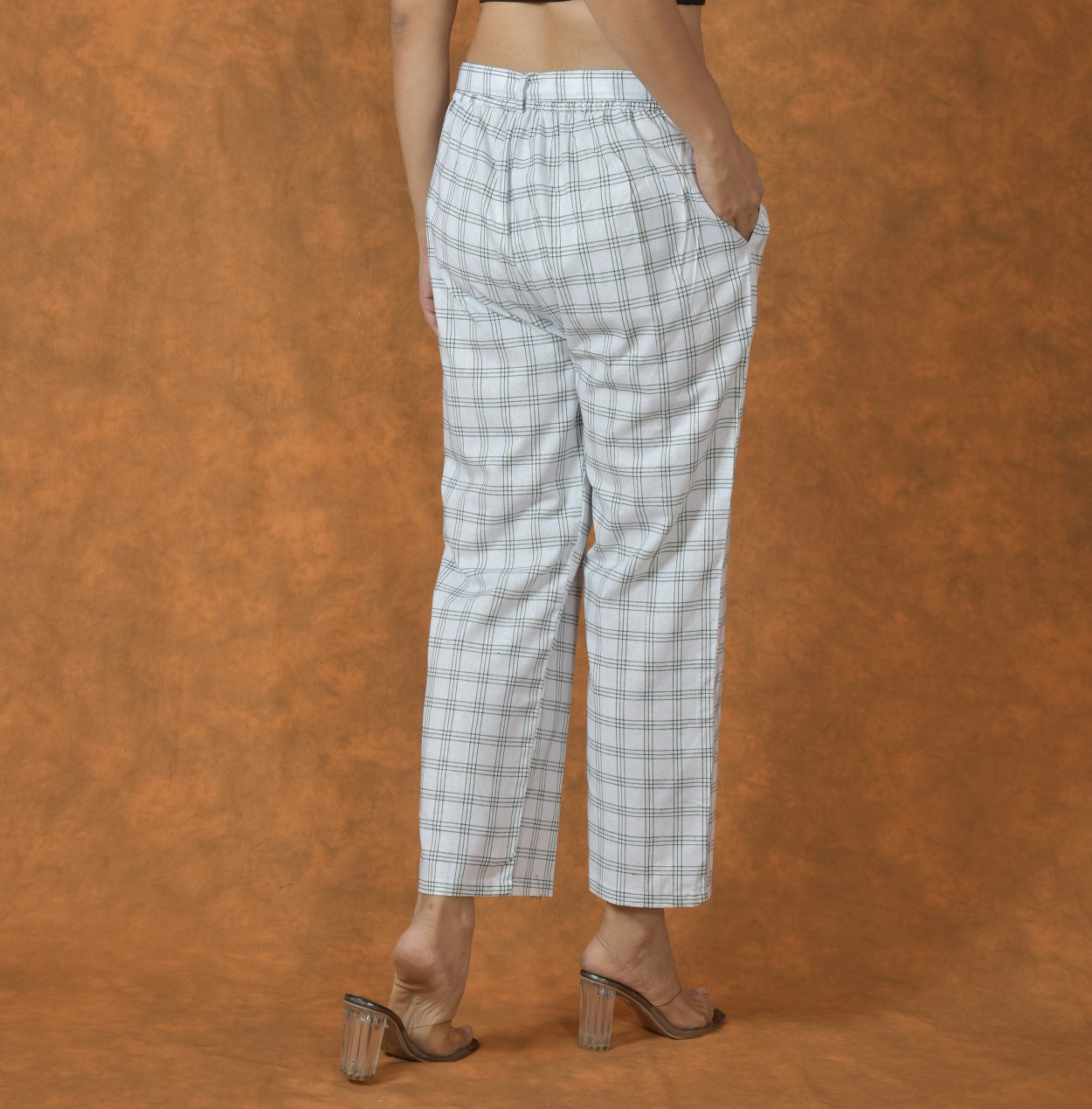 White Black Cotton Checks Regular Pant