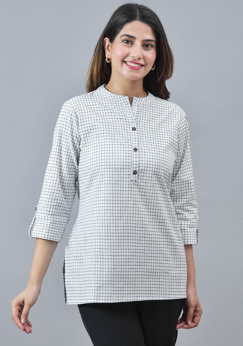 White Black Cotton Checks Women Top-10289