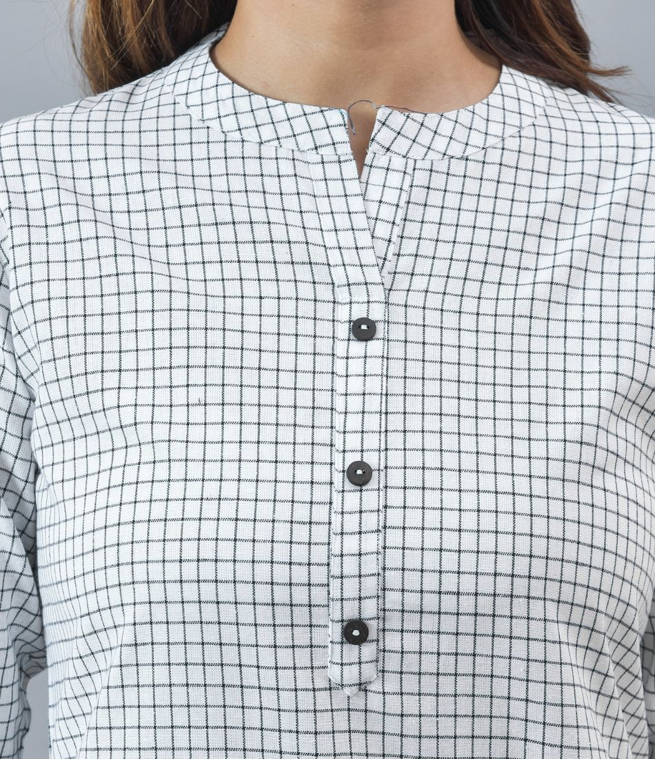 White Black Cotton Checks Women Top-10289