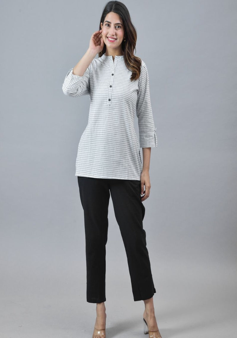 White Black Cotton Checks Women Top-10289