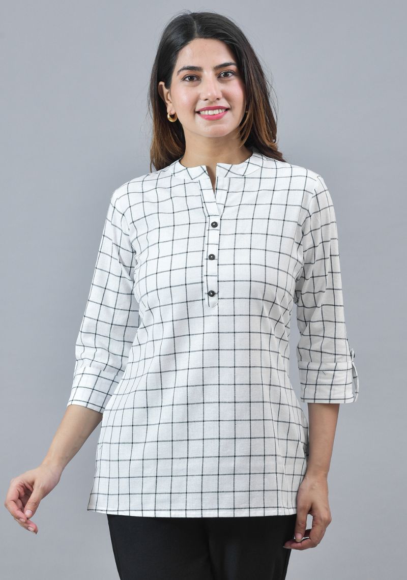 White Black Cotton Checks Women Top10290