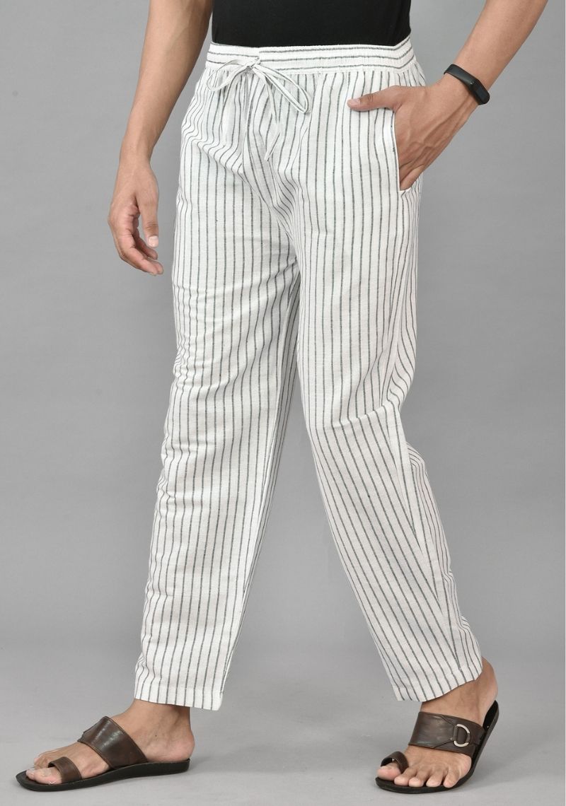 White Black Cotton Handloom Stripe Men Pant