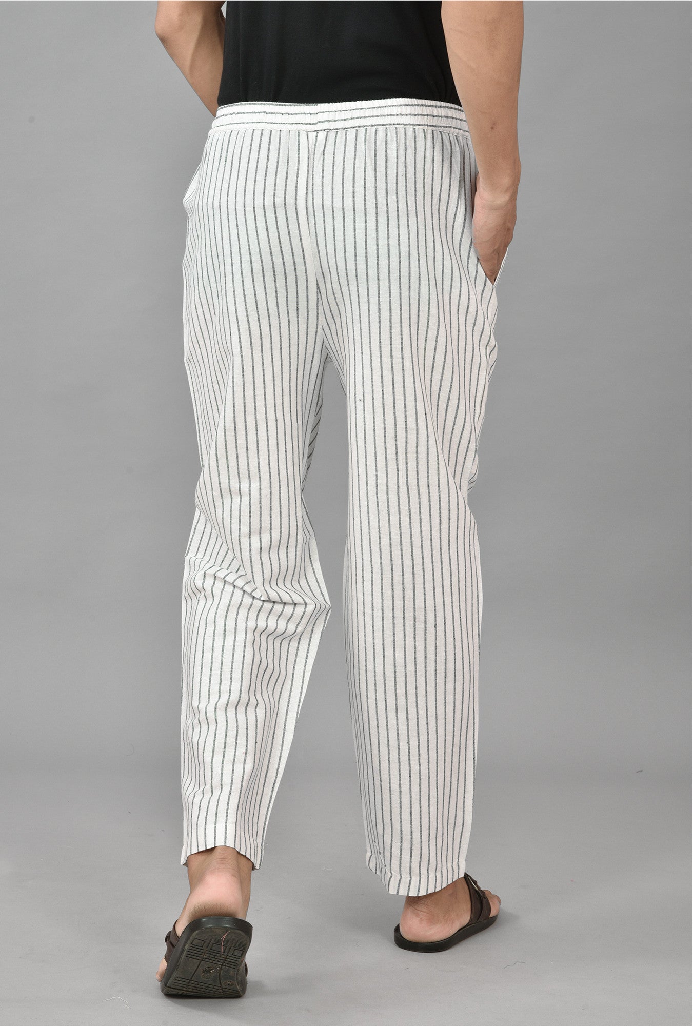 White Black Cotton Handloom Stripe Men Pant