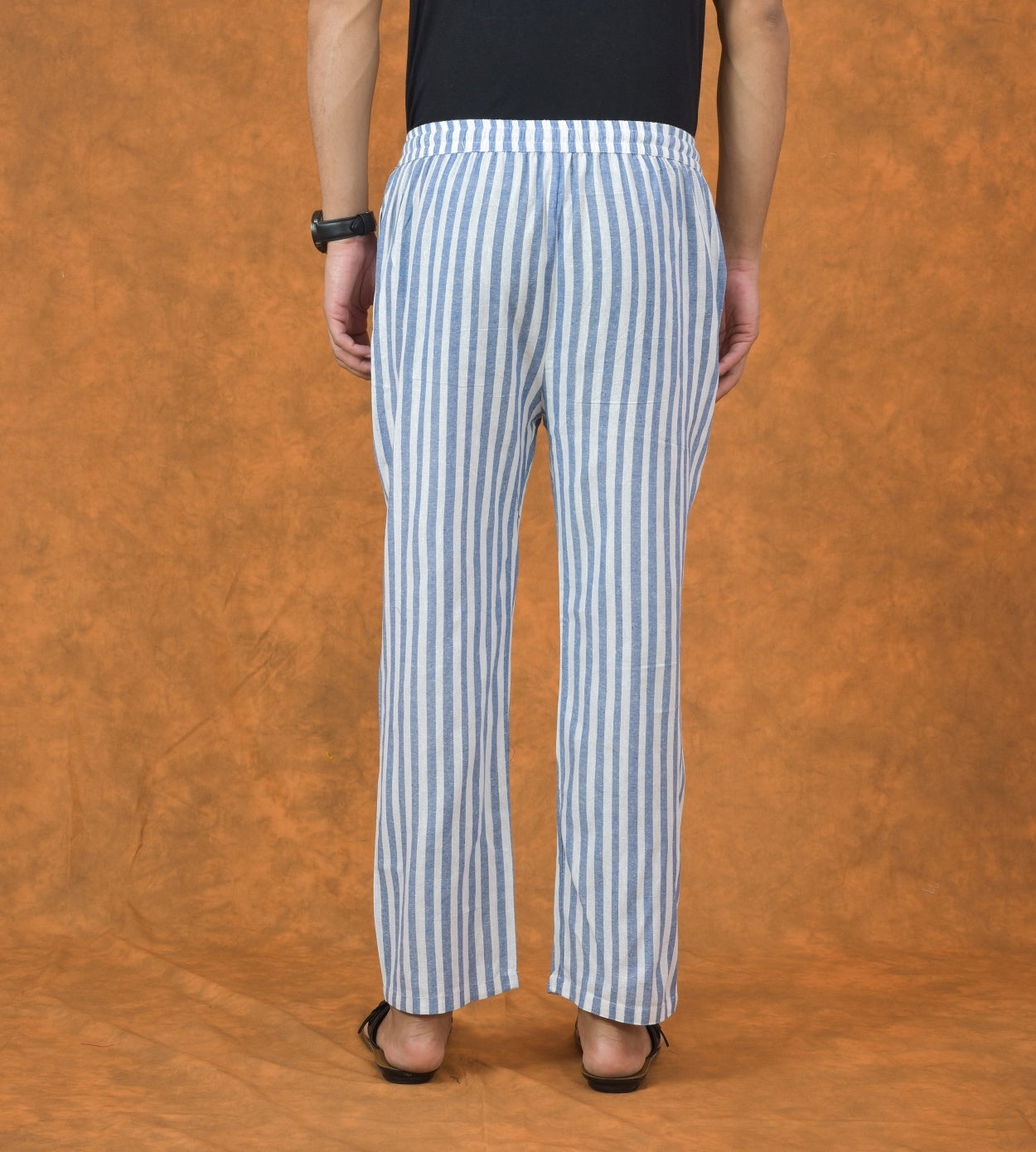 White Blue Stripe Cotton Handloom Men Pant
