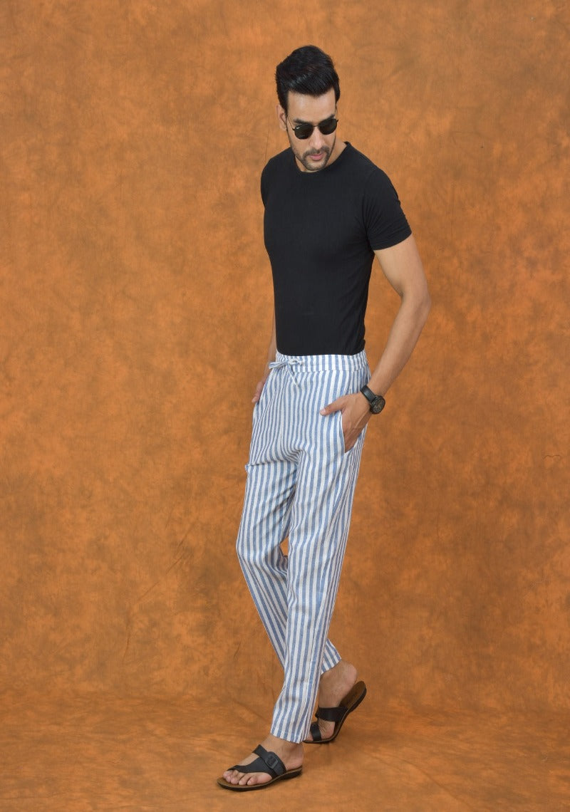 White Blue Stripe Cotton Handloom Men Pant