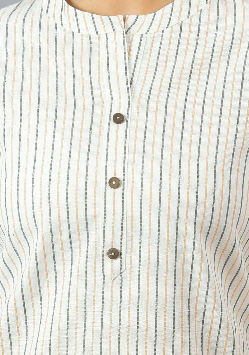 White Blue and Yellow Cotton Stripe Women Top-10377