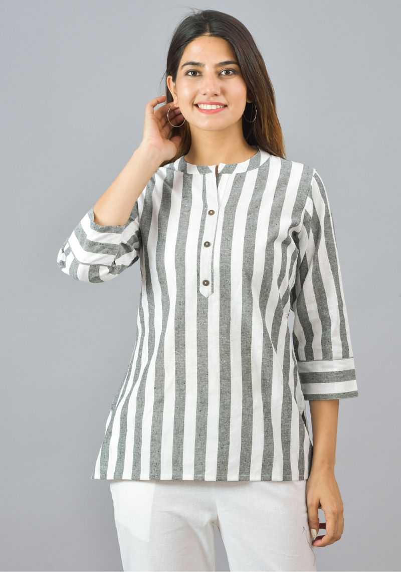 White Gray Cotton Stripe Women Top-10385