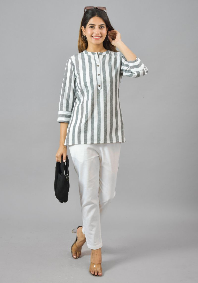 White Gray Cotton Stripe Women Top-10385