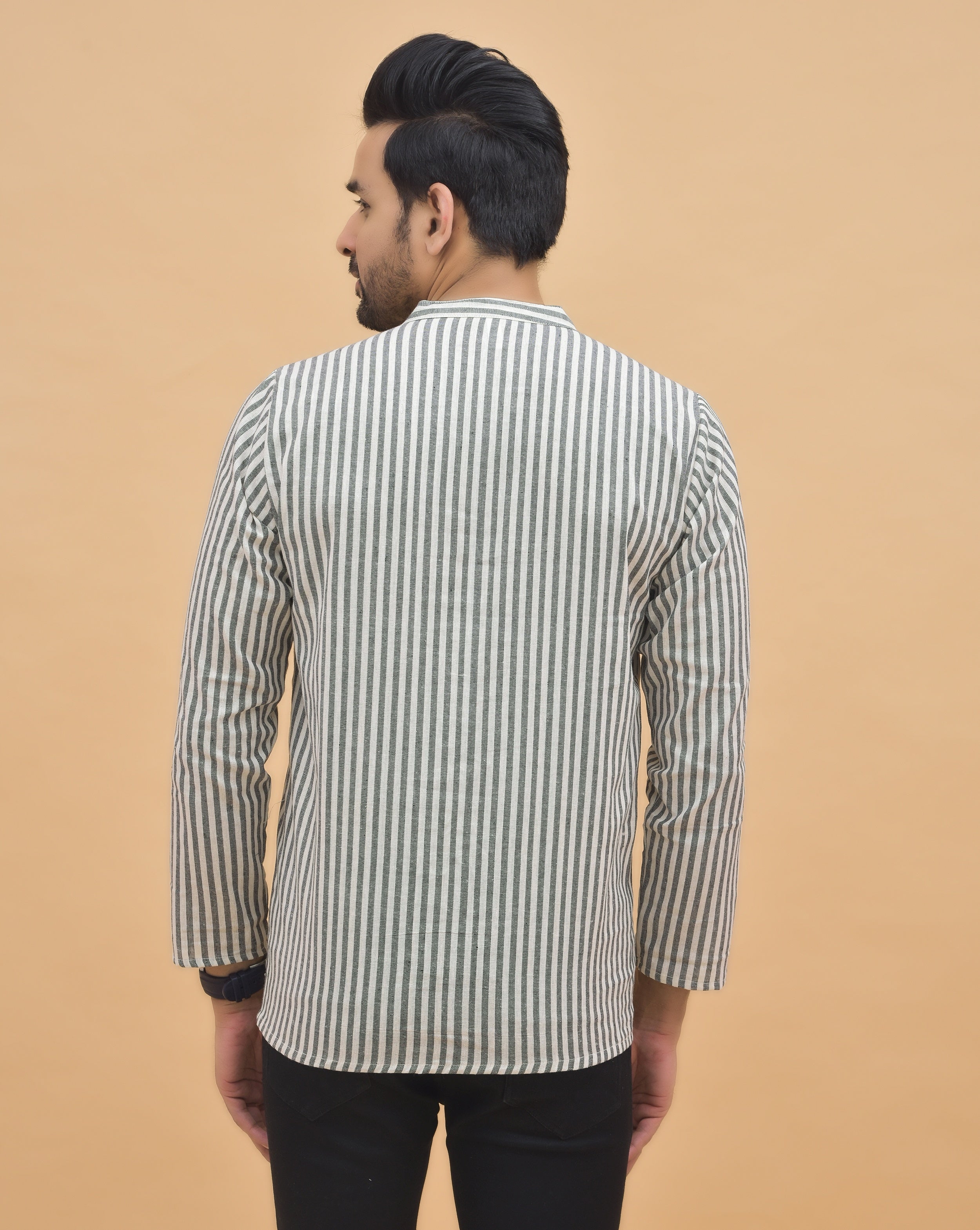 Combo of 3 Men Kurtas Stripe Cotton Handloom Black Green and Gray-25206