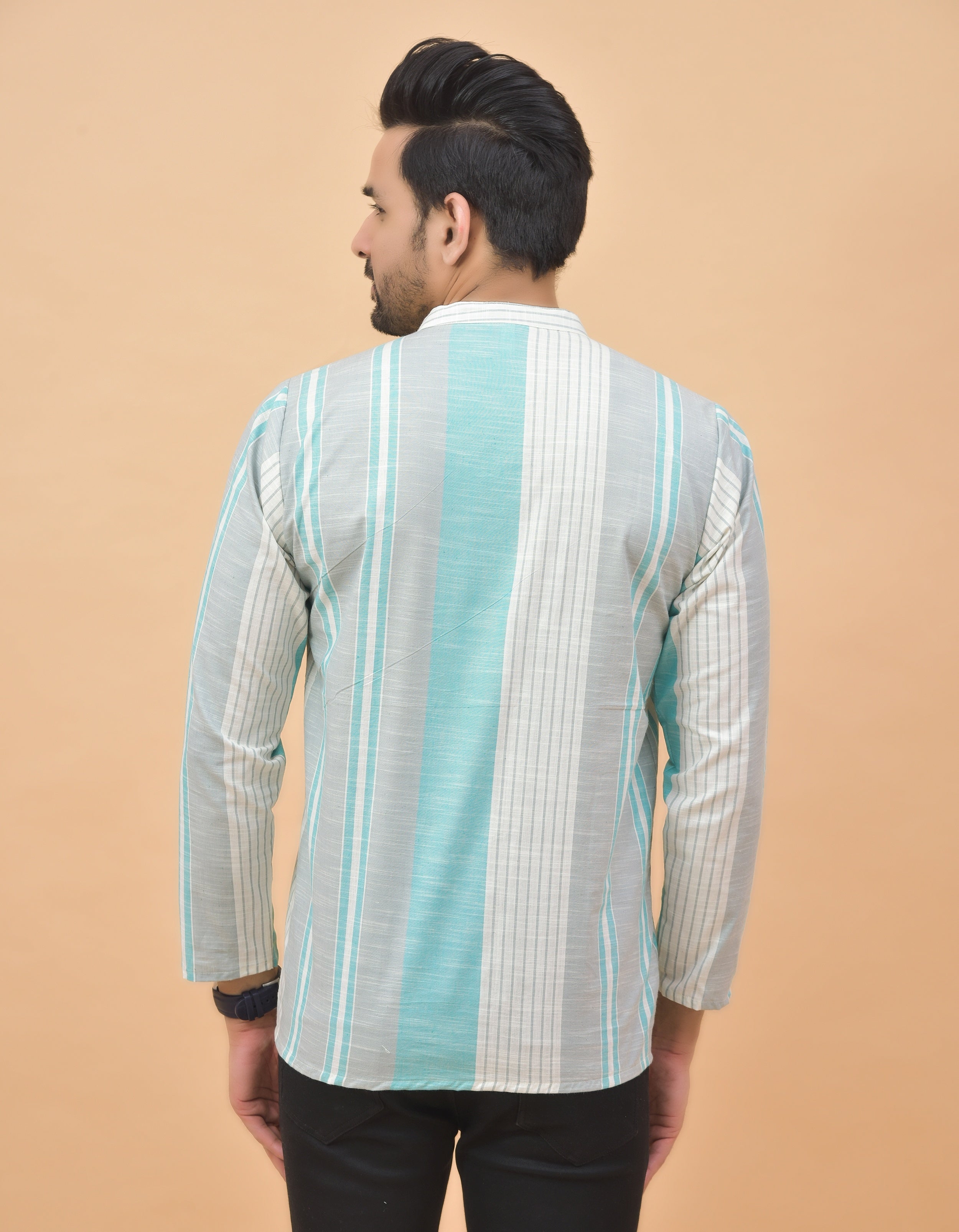 Combo of 3 Men Kurtas Stripe Cotton Handloom Green Gray and Peach-25139
