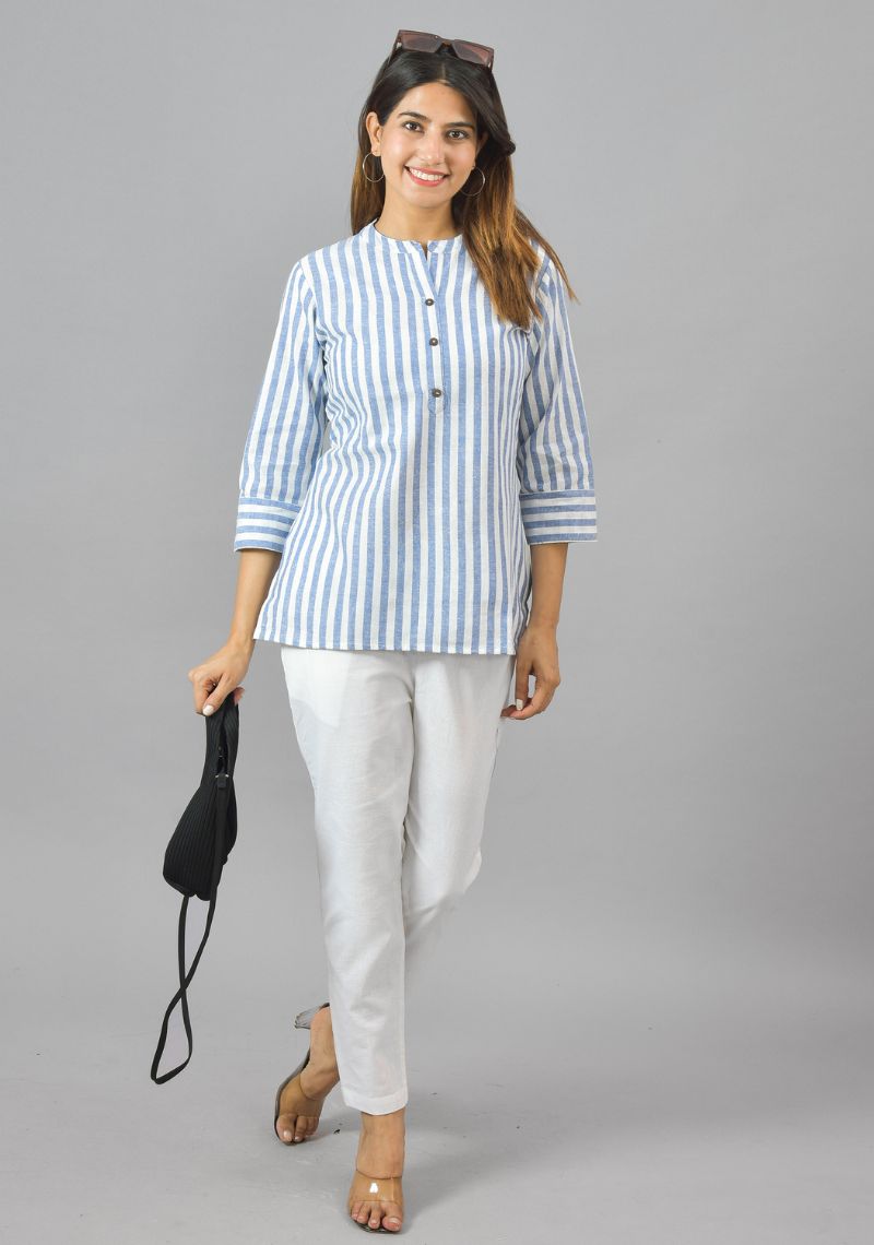 White Sky Blue Cotton Stripe Women Top-10384