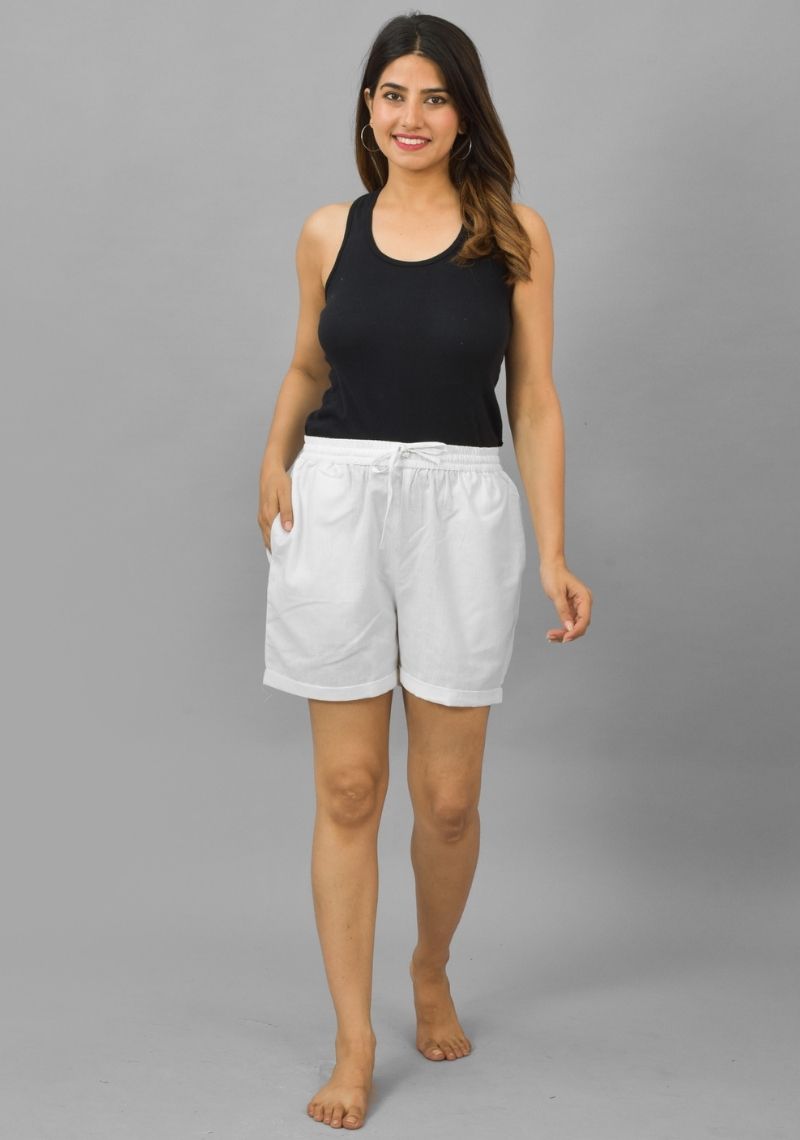 White Solid Cotton Flax Shorts-10399