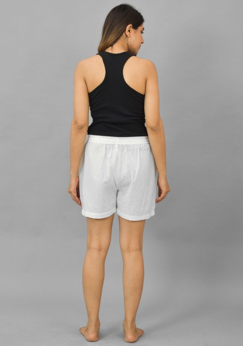 White Solid Cotton Flax Shorts-10399