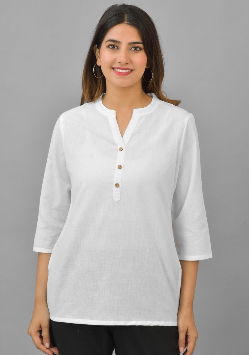 White Solid Cotton Flax Women Top-10393
