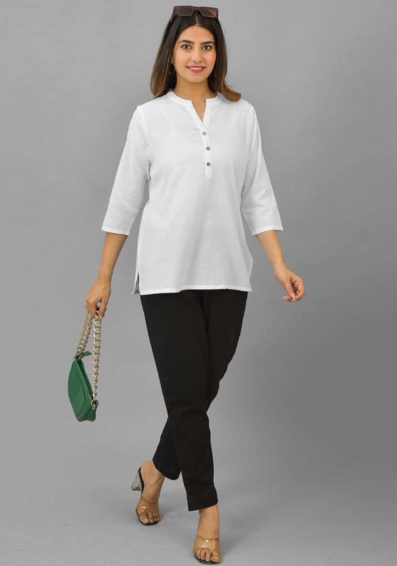 White Solid Cotton Flax Women Top-10393