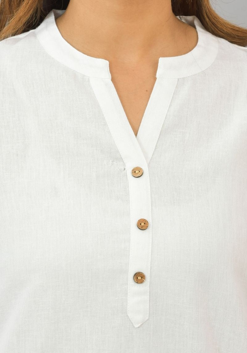 White Solid Cotton Flax Women Top-10393
