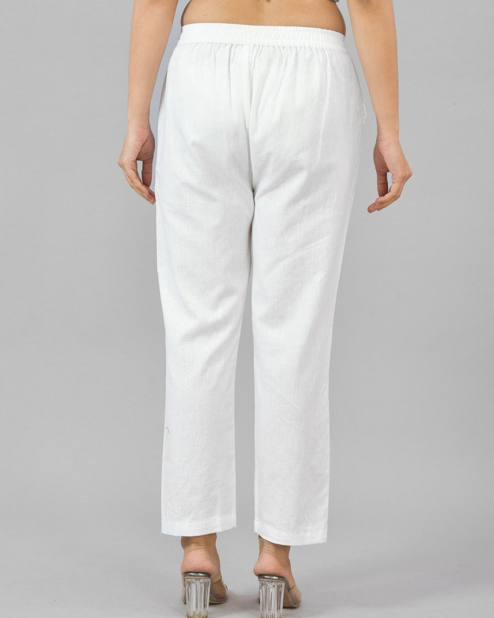 White Solid Cotton Flax Women Trouser