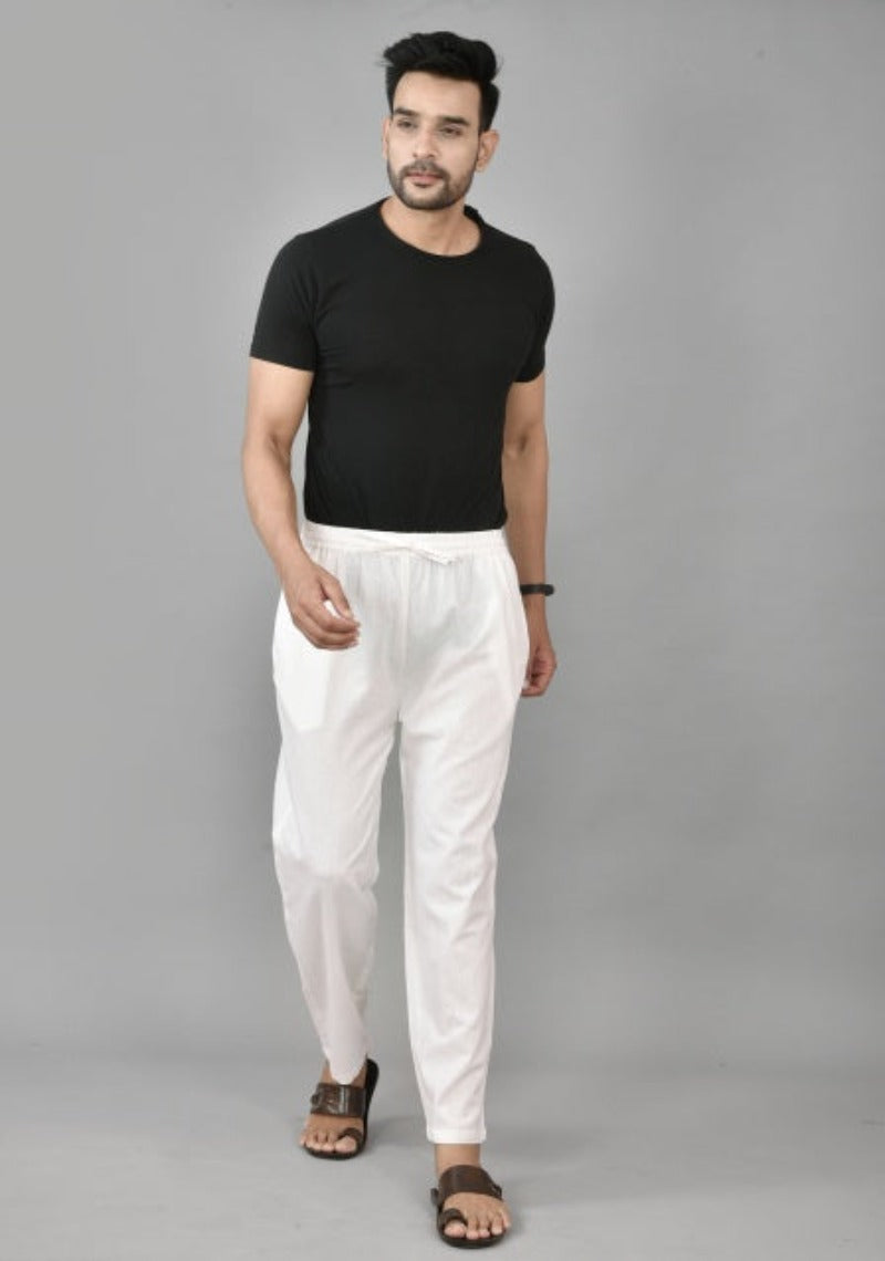 White Solid Cotton Handloom Men Pant