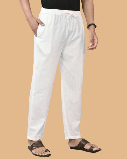 White Solid Cotton Handloom Men Pant