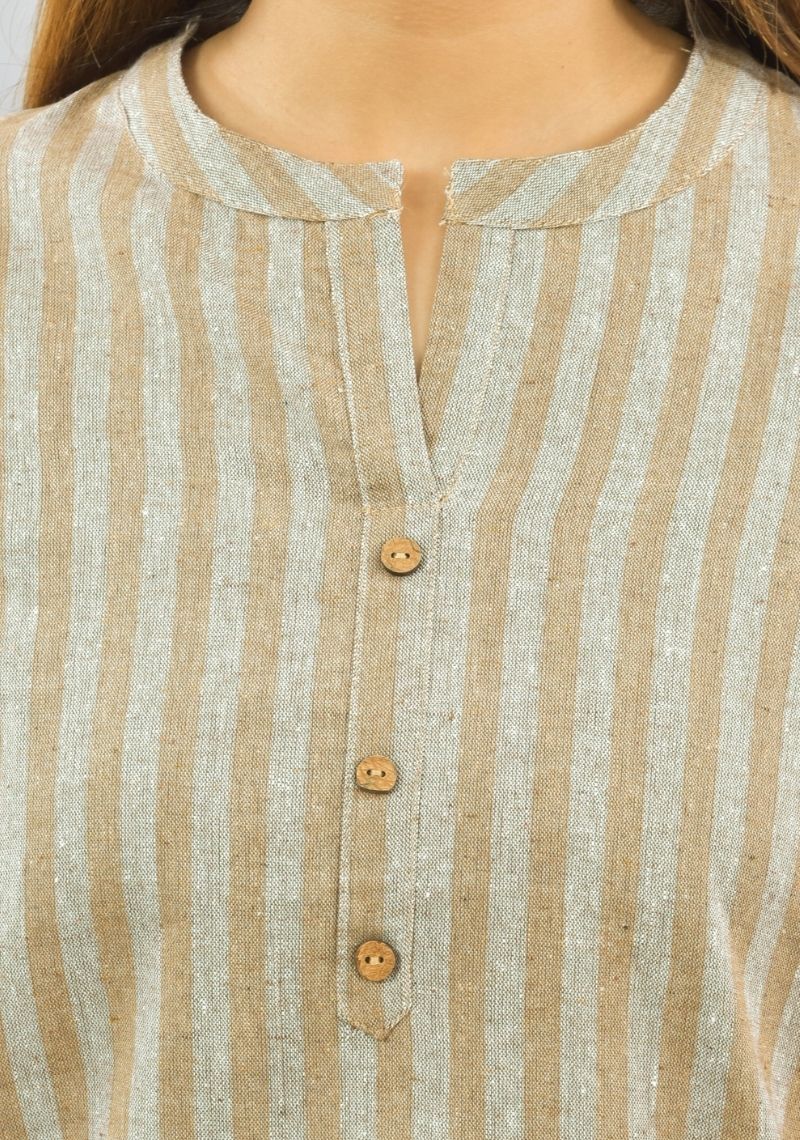 Women Co-Ords Beige Cotton Checks Dress Top and Bottom