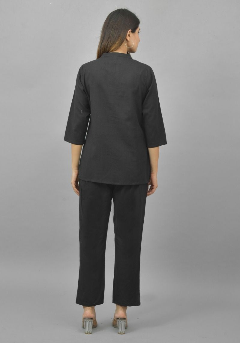 Women Co-Ords Black Cotton Flax Dress Top and Bottom