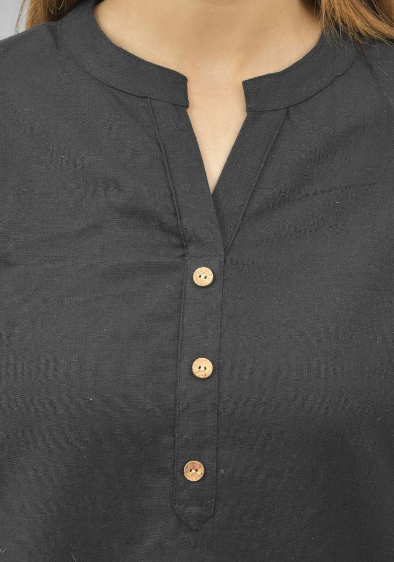 Women Co-Ords Black Cotton Flax Dress Top and Bottom