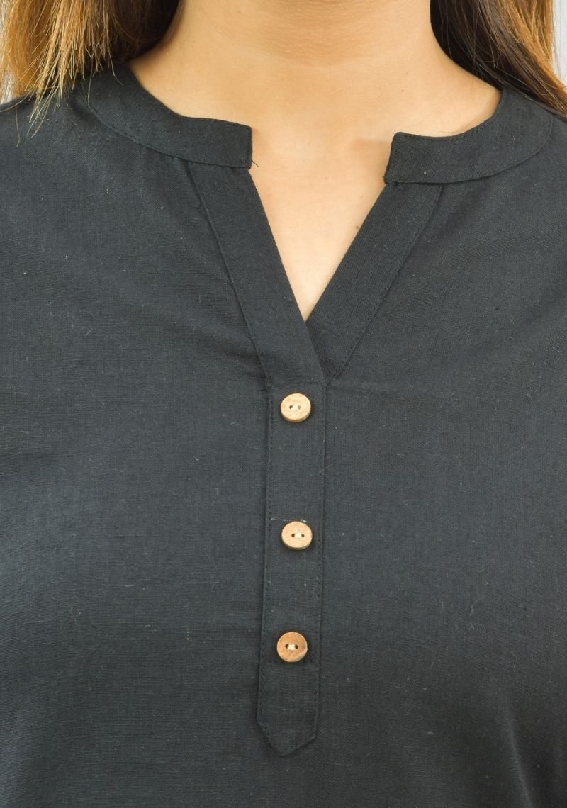 Women Co-Ords Black Cotton Flax Dress Top and Shorts