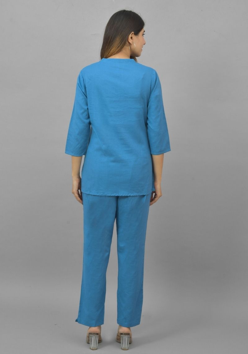 Women Co-Ords Blue Cotton Flax Dress Top and Bottom-10712