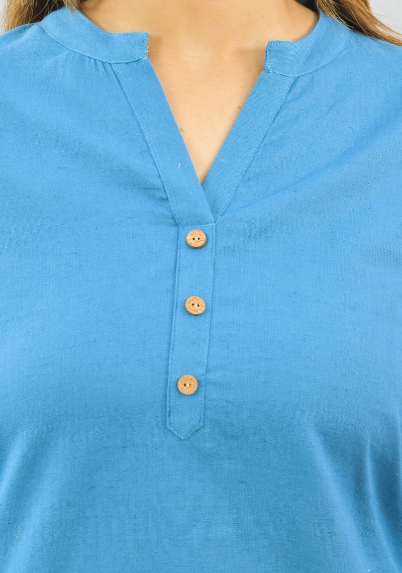 Women Co-Ords Blue Cotton Flax Dress Top and Shorts