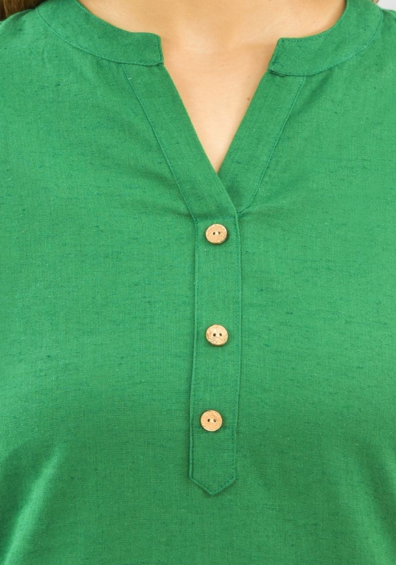 Women Co-Ords Bottle Green Cotton Flax Dress Top and Shorts