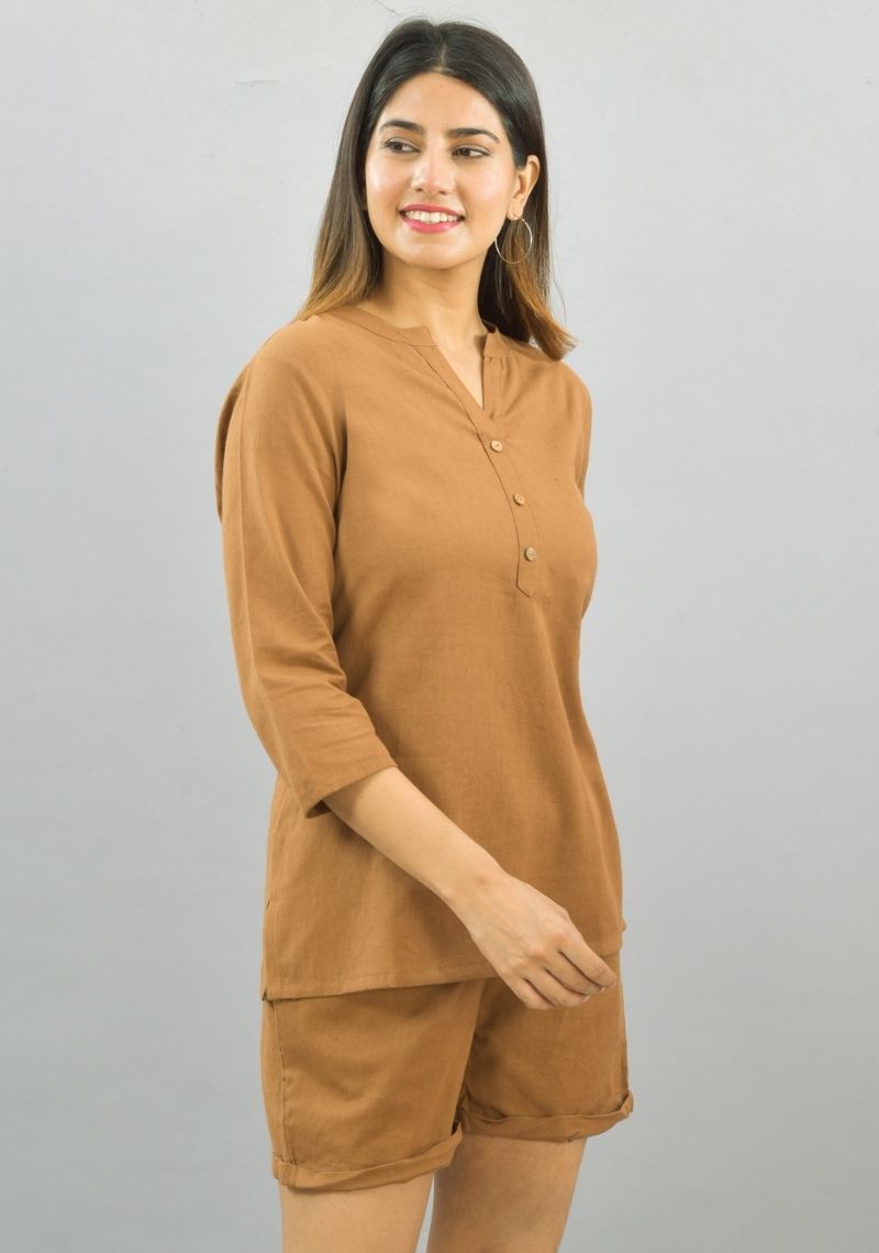 Women Co-Ords Brown Cotton Flax Dress Top and Shorts