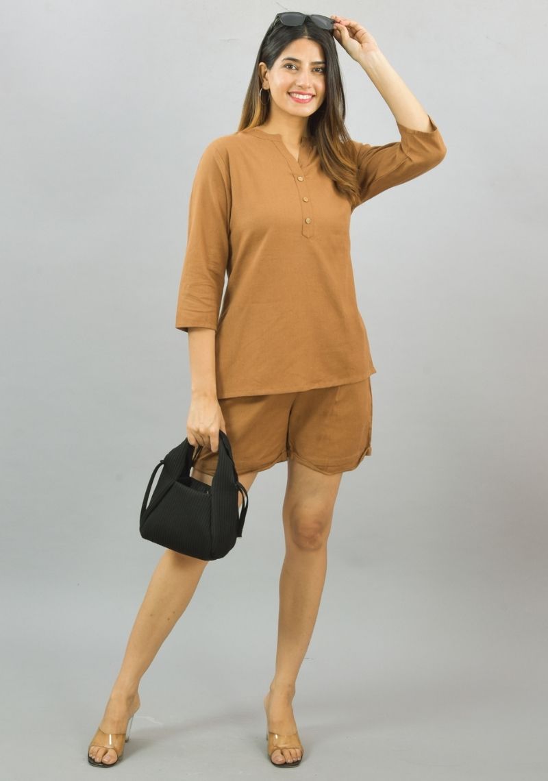 Women Co-Ords Brown Cotton Flax Dress Top and Shorts