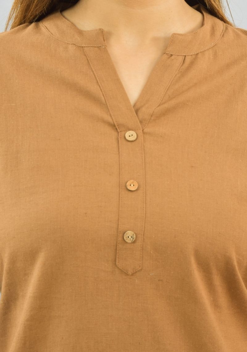 Women Co-Ords Brown Cotton Flax Dress Top and Shorts