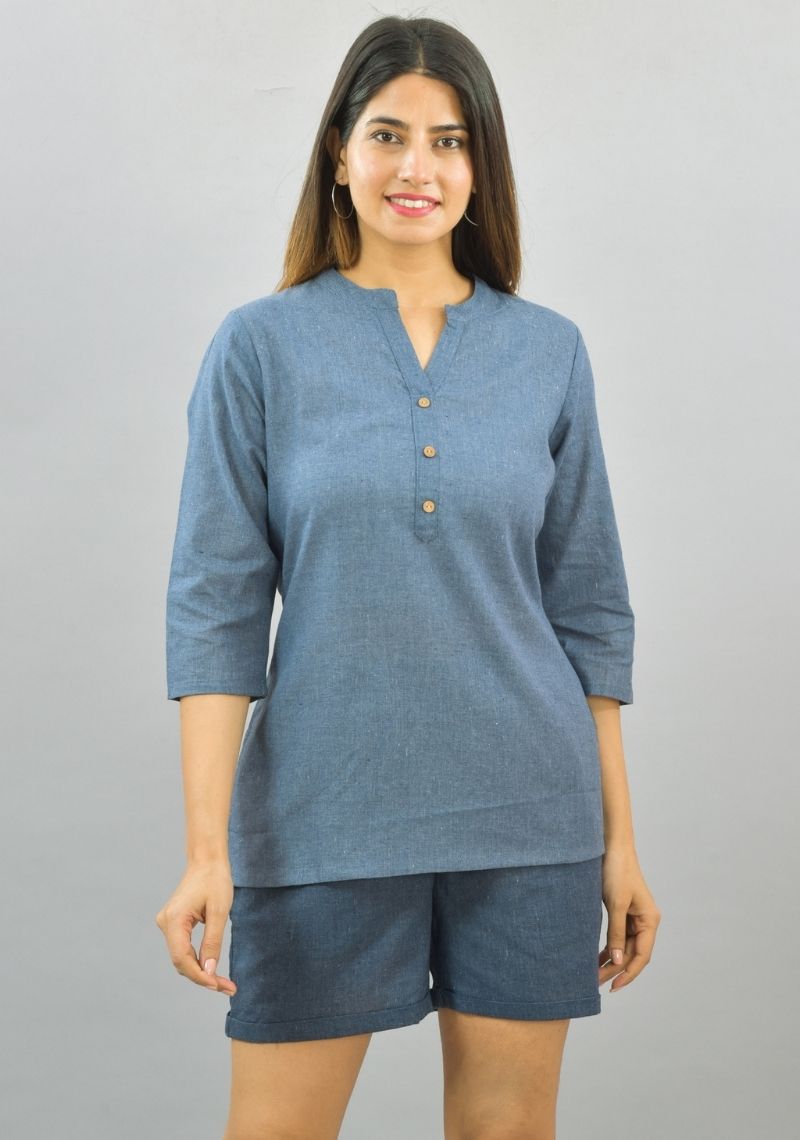 Women Co-Ords Denim Cotton Flax Dress Top and Shorts