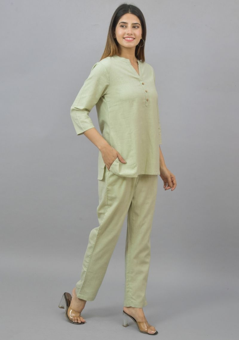 Women Co-Ords Mint Green Cotton Flax Dress Top and Bottom