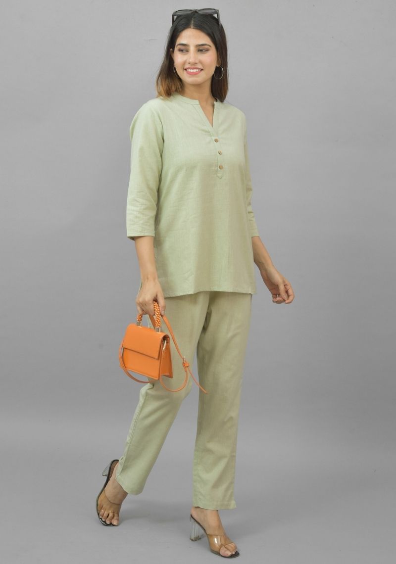 Women Co-Ords Mint Green Cotton Flax Dress Top and Bottom