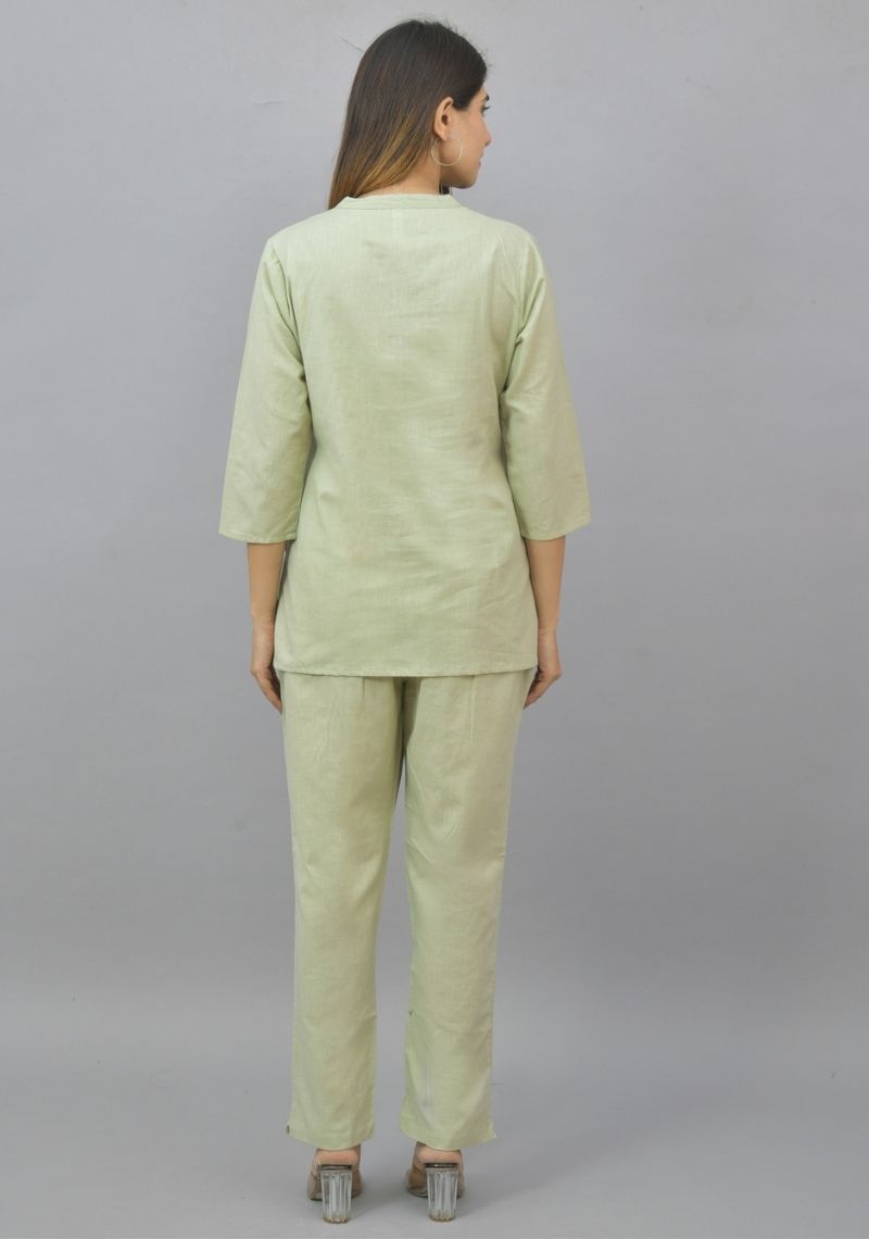 Women Co-Ords Mint Green Cotton Flax Dress Top and Bottom